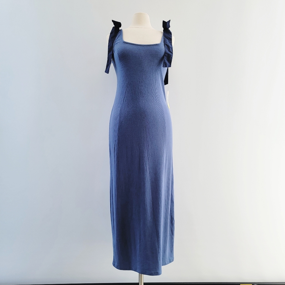 Summersalt Poplin Ribbed Tie Shoulder Blue Maxi Dress Size Large Minimalist - Picture 13 of 13